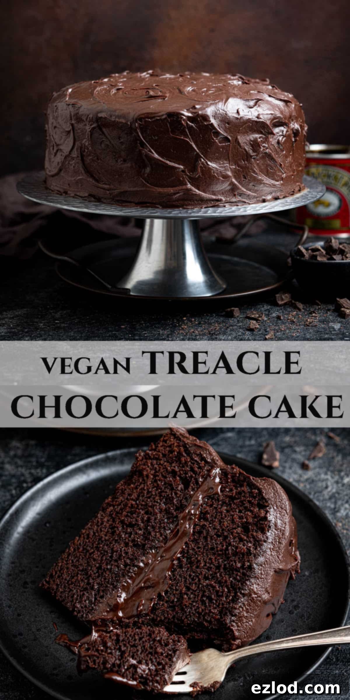 Decadent Vegan Treacle Chocolate Cake 14 A Pinterest-friendly collage image showcasing different views of the treacle chocolate cake.