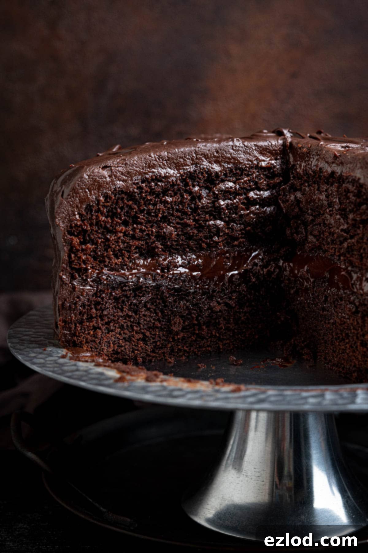 Decadent Vegan Treacle Chocolate Cake 5 A close-up view of the perfectly sliced treacle chocolate cake, showing the moist layers and thick frosting.
