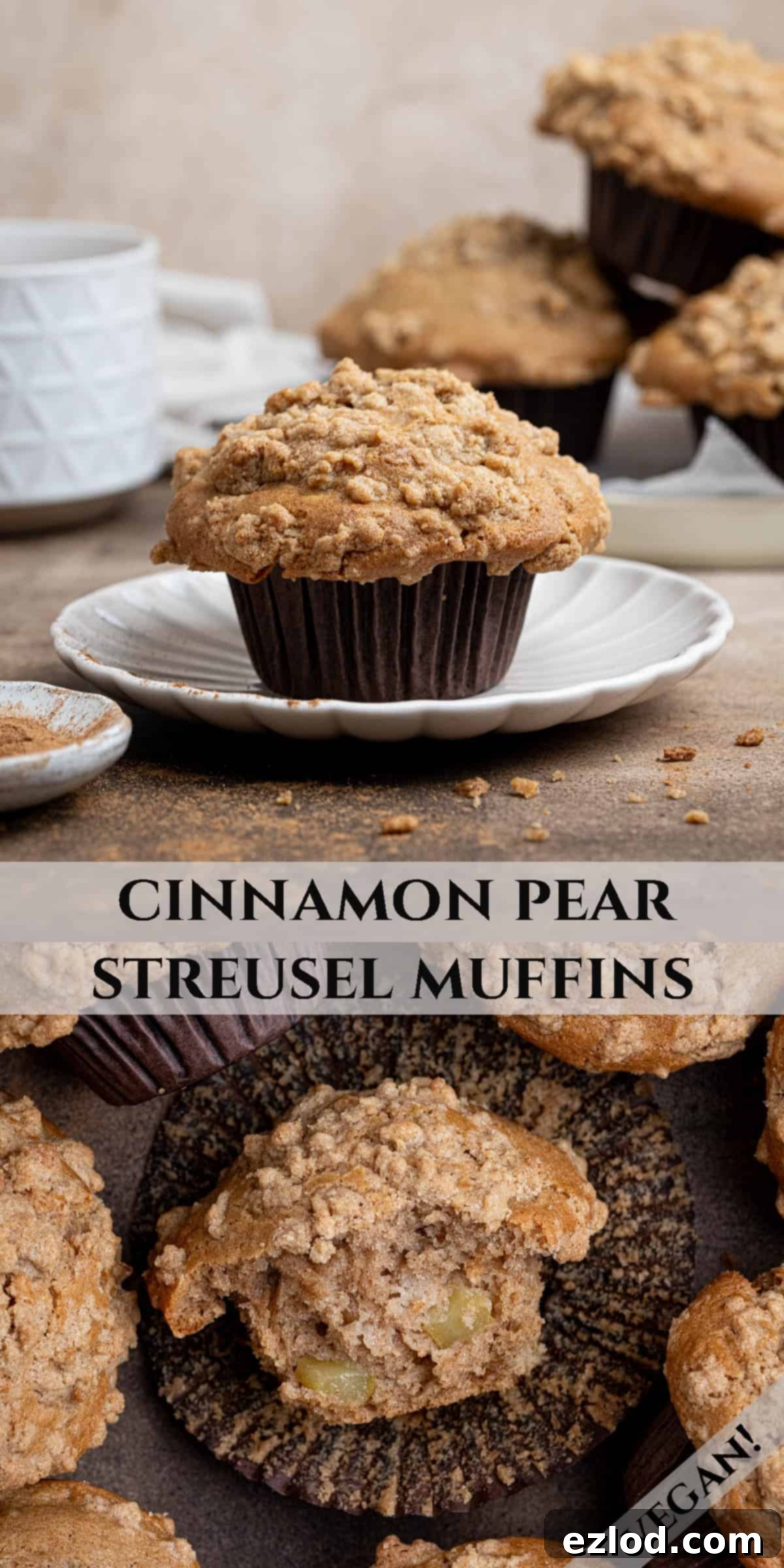 Spiced Pear Plant-Based Muffins 14 A Pinterest collage image showcasing various angles and close-ups of the vegan cinnamon pear muffins with streusel topping.