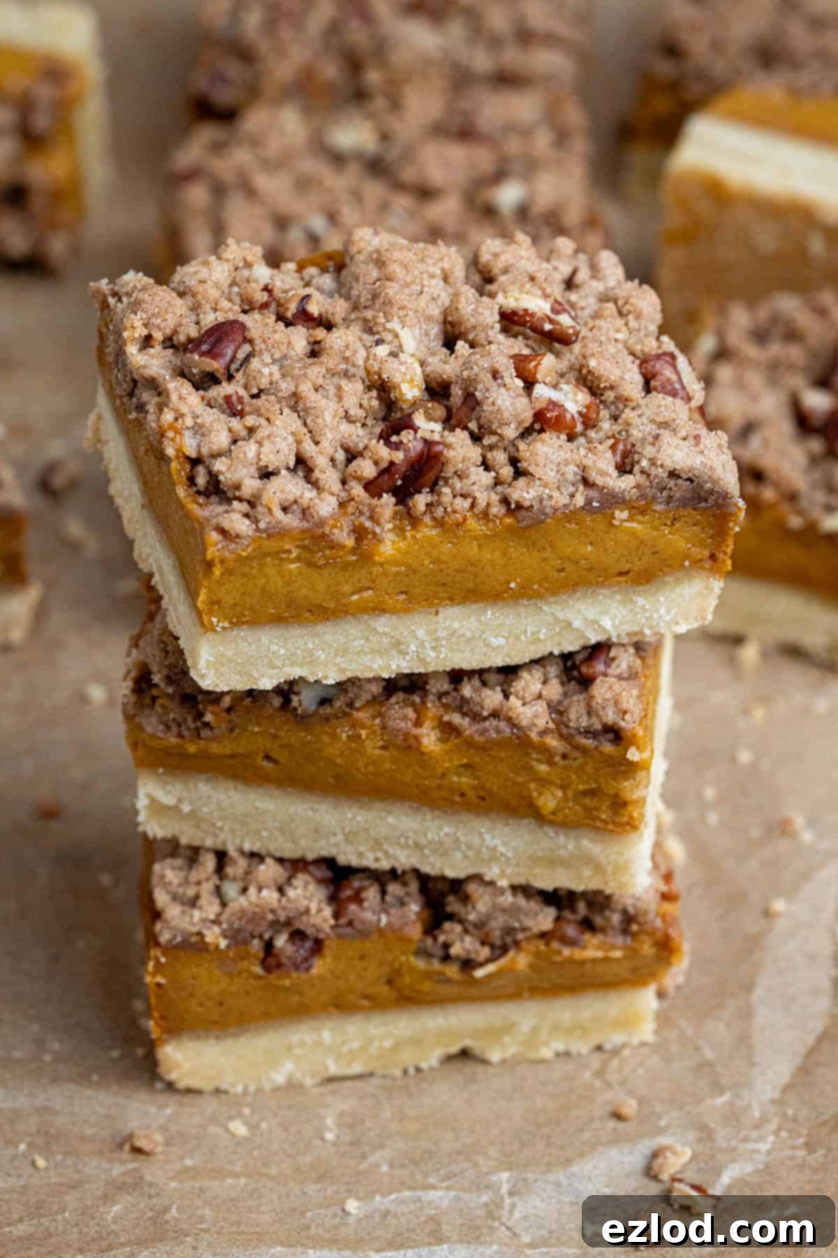 A close-up shot of a stack of three delightful vegan pumpkin crumb bars, highlighting the distinct layers and rich textures.