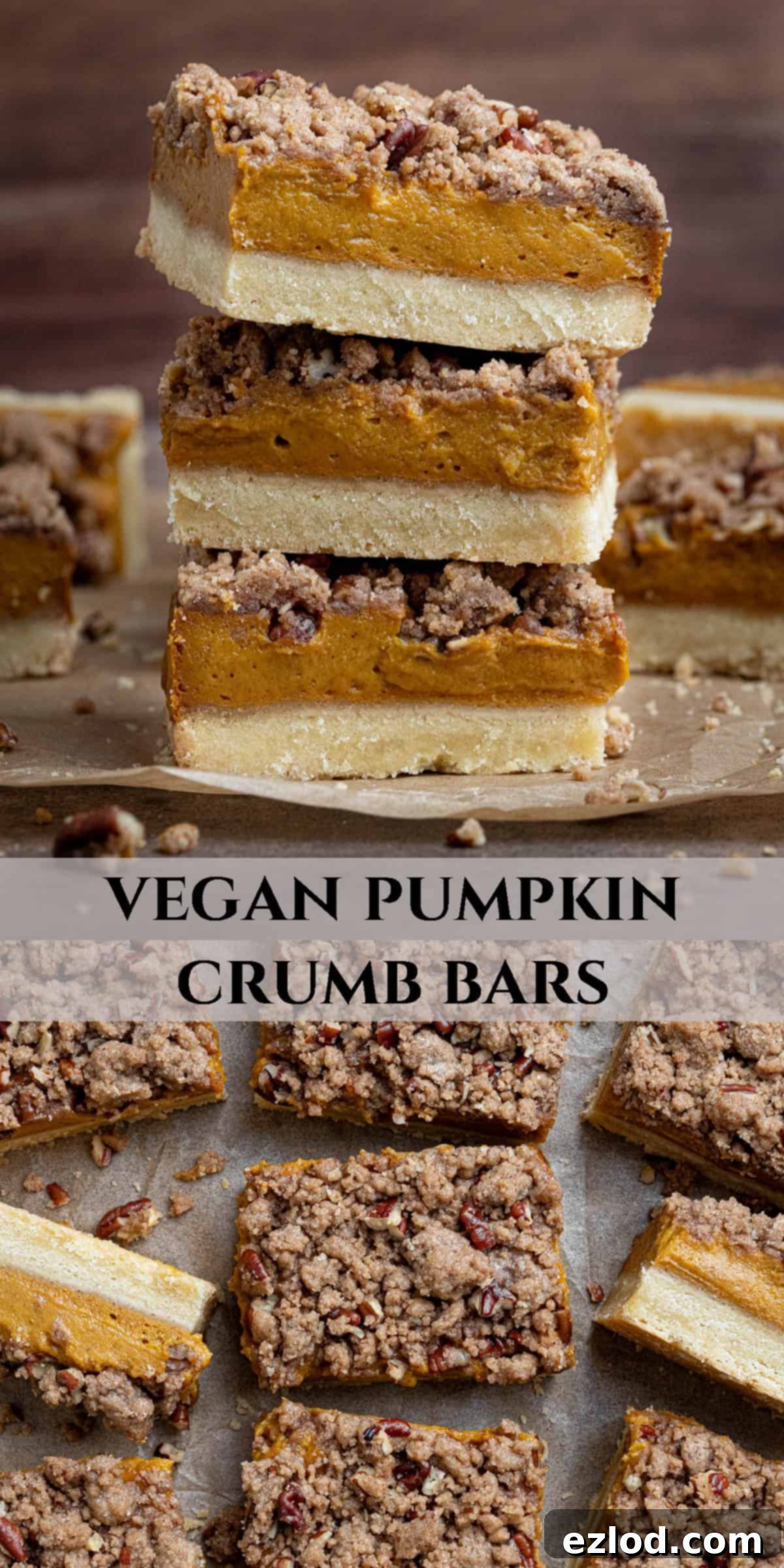 A Pinterest-friendly collage image showcasing various angles and close-ups of the finished vegan pumpkin crumb bars, perfect for sharing.