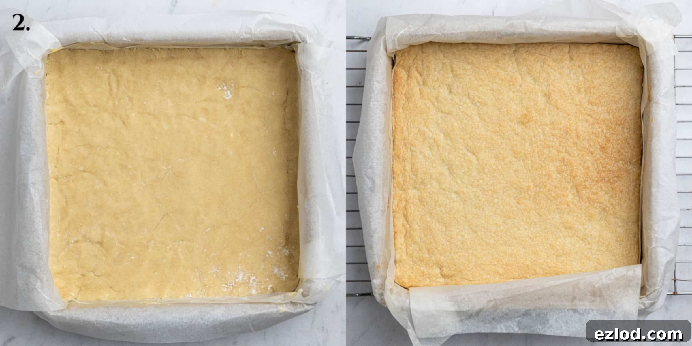 Step 2: A two-image collage illustrating the shortbread base, first pressed into the tin and then baked to a golden brown perfection.