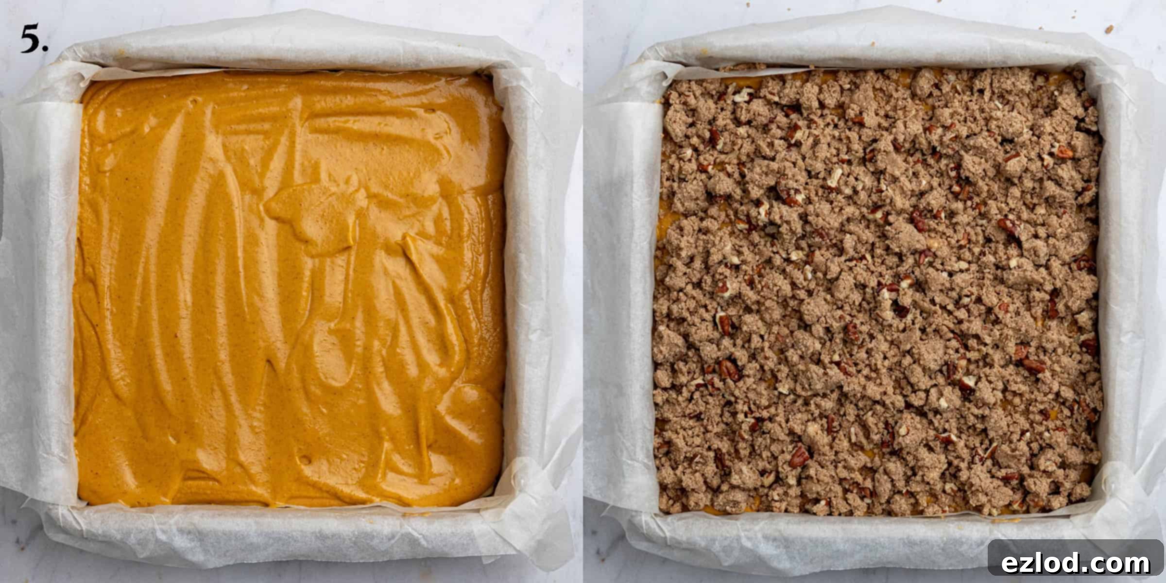 Step 5: A two-image collage demonstrating the assembly process: pouring pumpkin filling over the baked shortbread, followed by sprinkling the streusel topping.