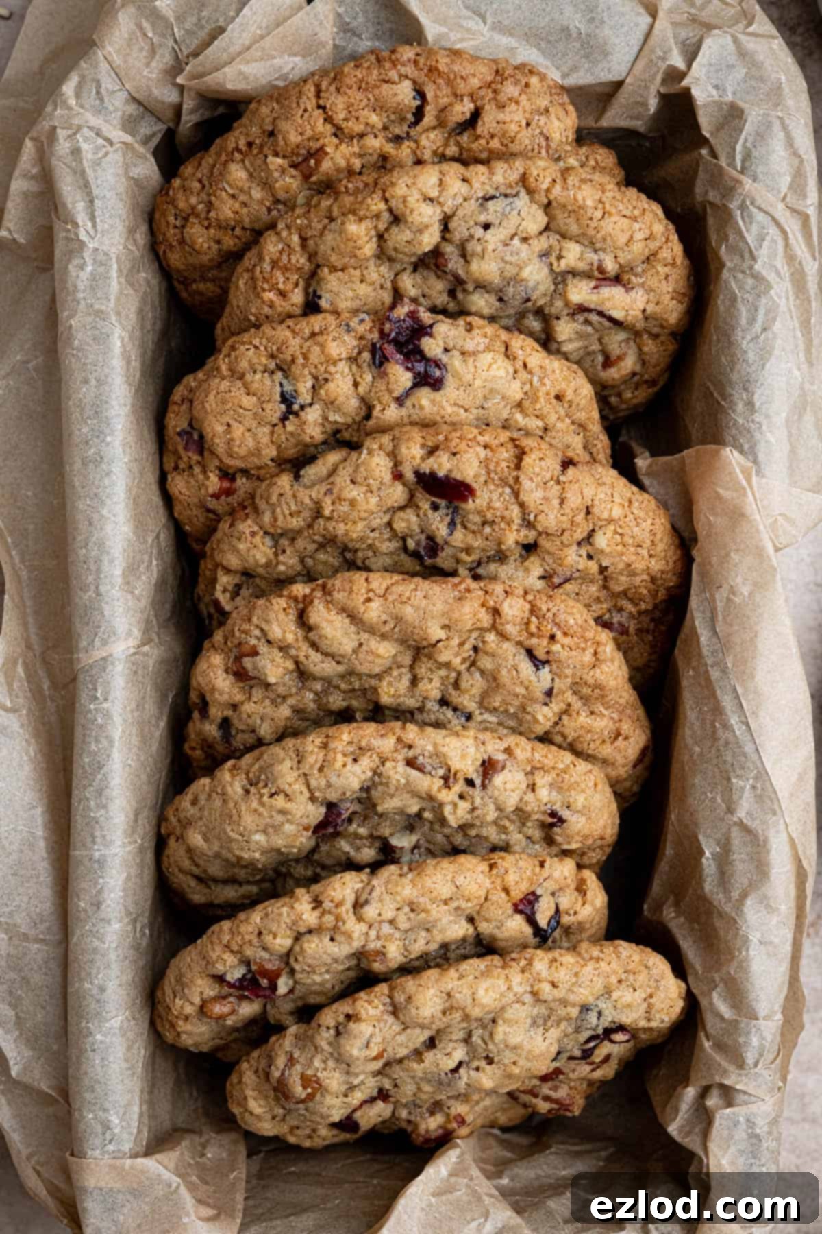 Close up of a row of delicious vegan oatmeal cookies nestled in a parchment-lined loaf tin.