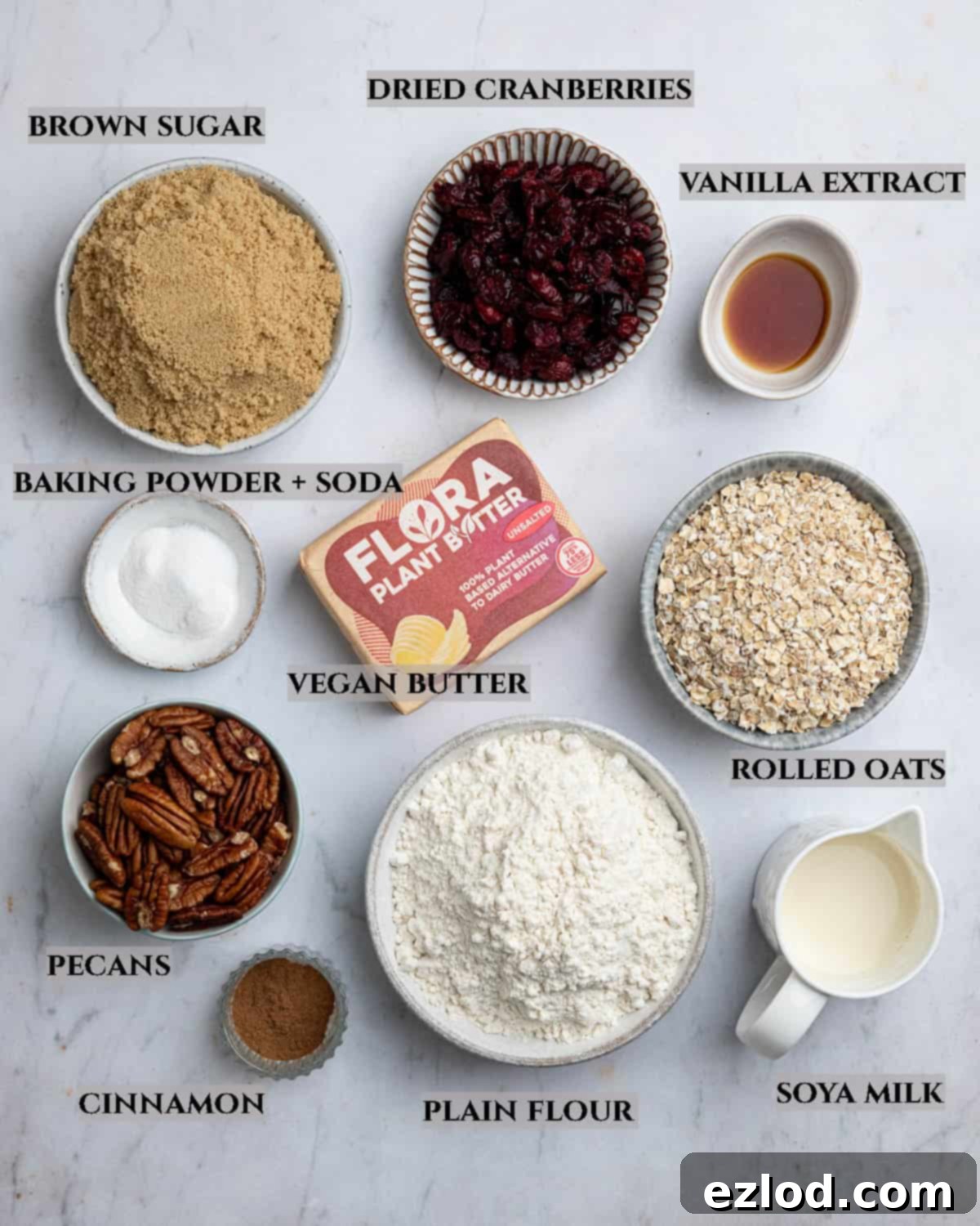 A labeled photo of the essential ingredients required to make homemade vegan cranberry pecan oatmeal cookies.