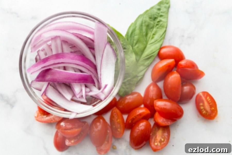 Red onion, basil, and cherry tomatoes 
