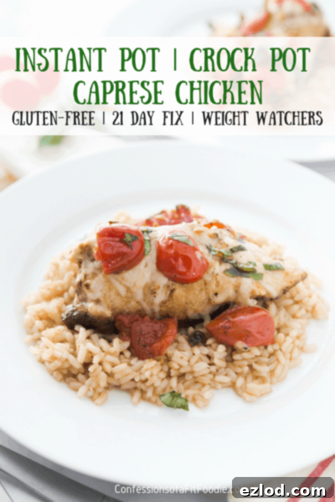 This 21 Day Fix Instant Pot Caprese Chicken is amazing in both the Instant Pot and the Crock Pot, making it a perfect warm weather dinner when you don’t want to heat up the kitchen! #warmweather #21dayfix #weightwatchers #glutenfree #crockpot #instantpot