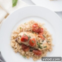 Overhead Shot of Caprese Chicken over Brown Rice