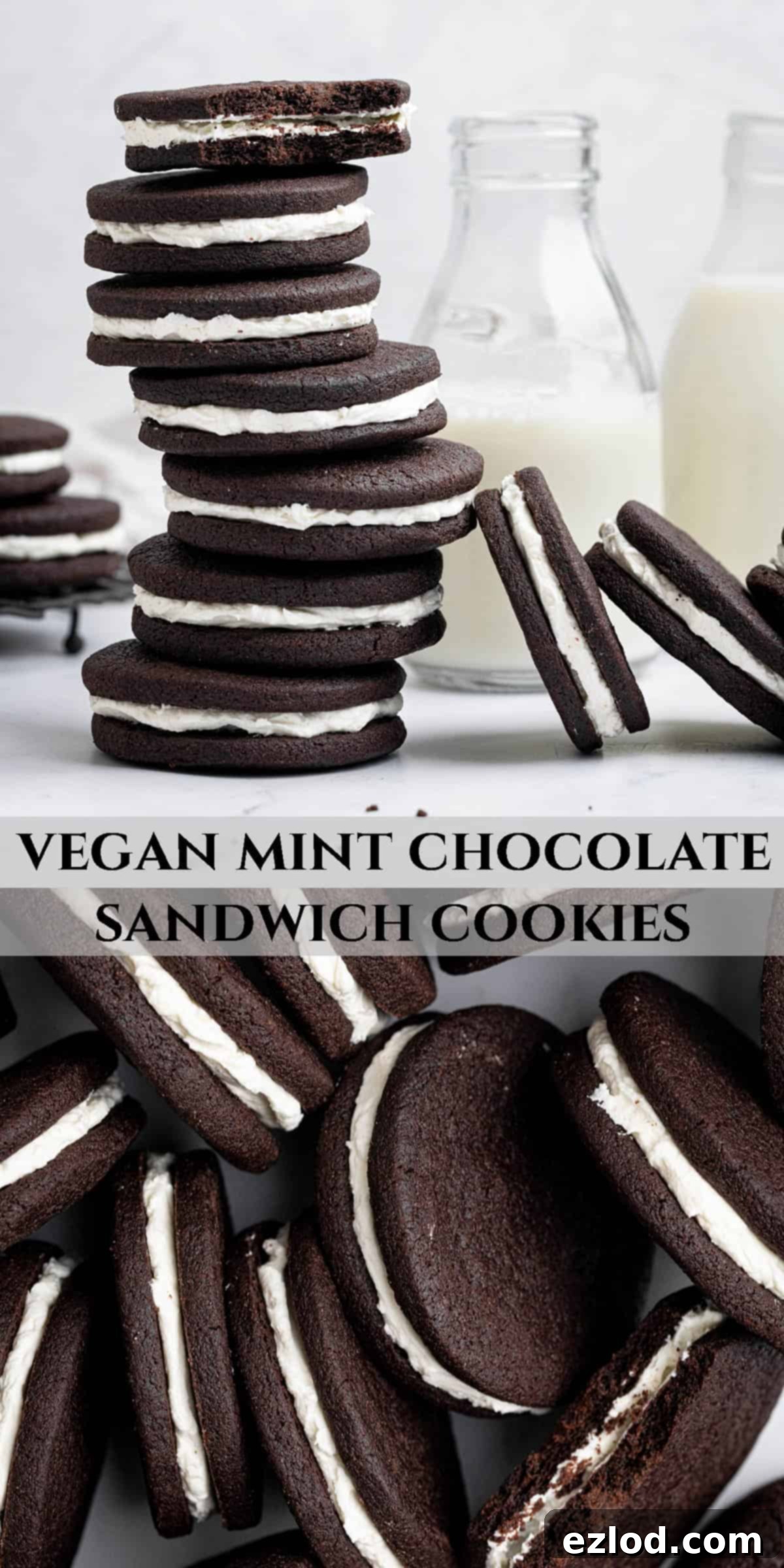 A beautiful Pinterest collage image featuring multiple angles of the delicious vegan mint chocolate sandwich cookies.