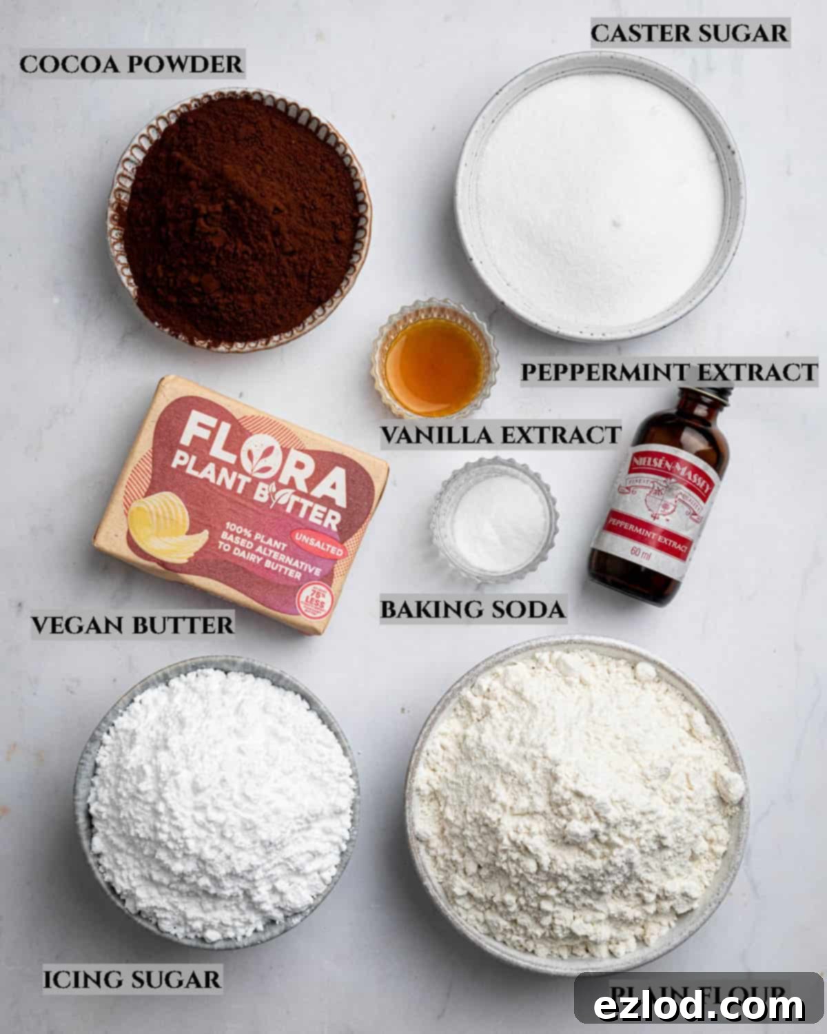 A labelled photo of the essential ingredients needed to create perfect vegan mint chocolate sandwich cookies, neatly laid out.