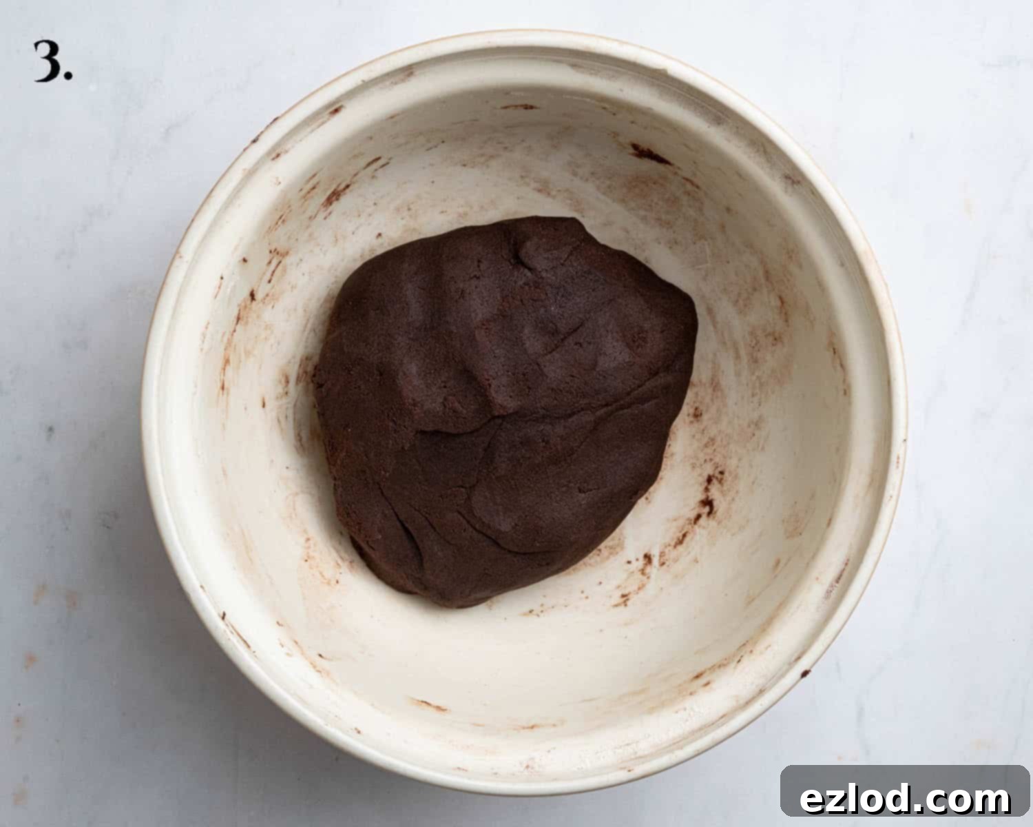 Step 3 in making vegan mint chocolate sandwich cookies: The perfectly formed chocolate cookie dough, ready for chilling.
