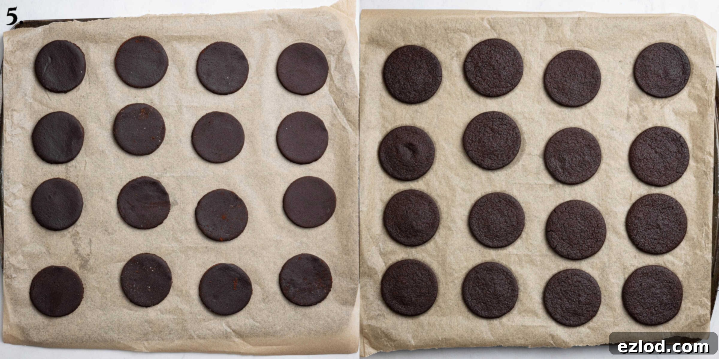 Step 5 in making vegan mint chocolate sandwich cookies: A side-by-side comparison of the biscuits before and after baking.