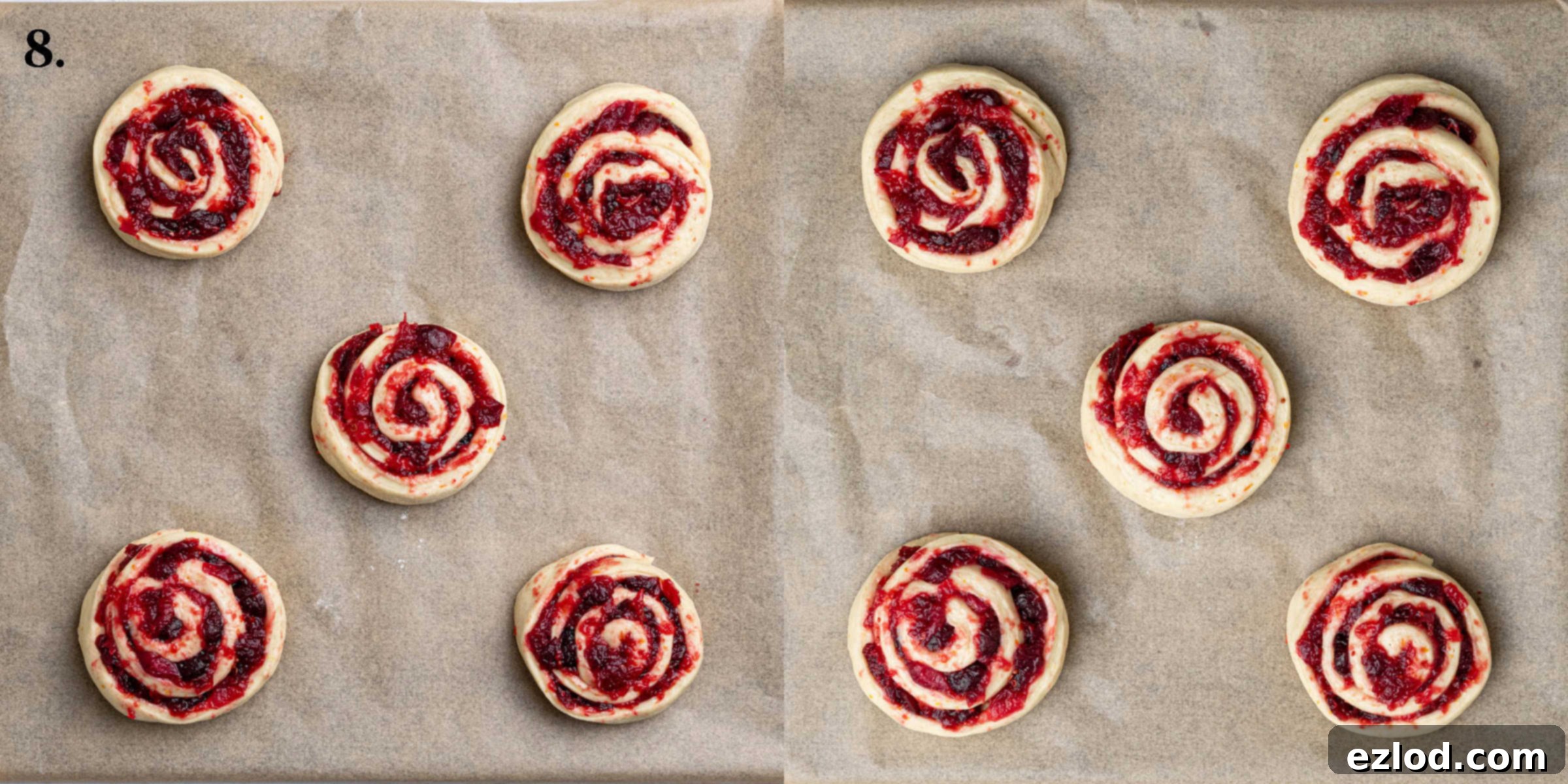 Step 8, a two image collage of the buns before and after rising.