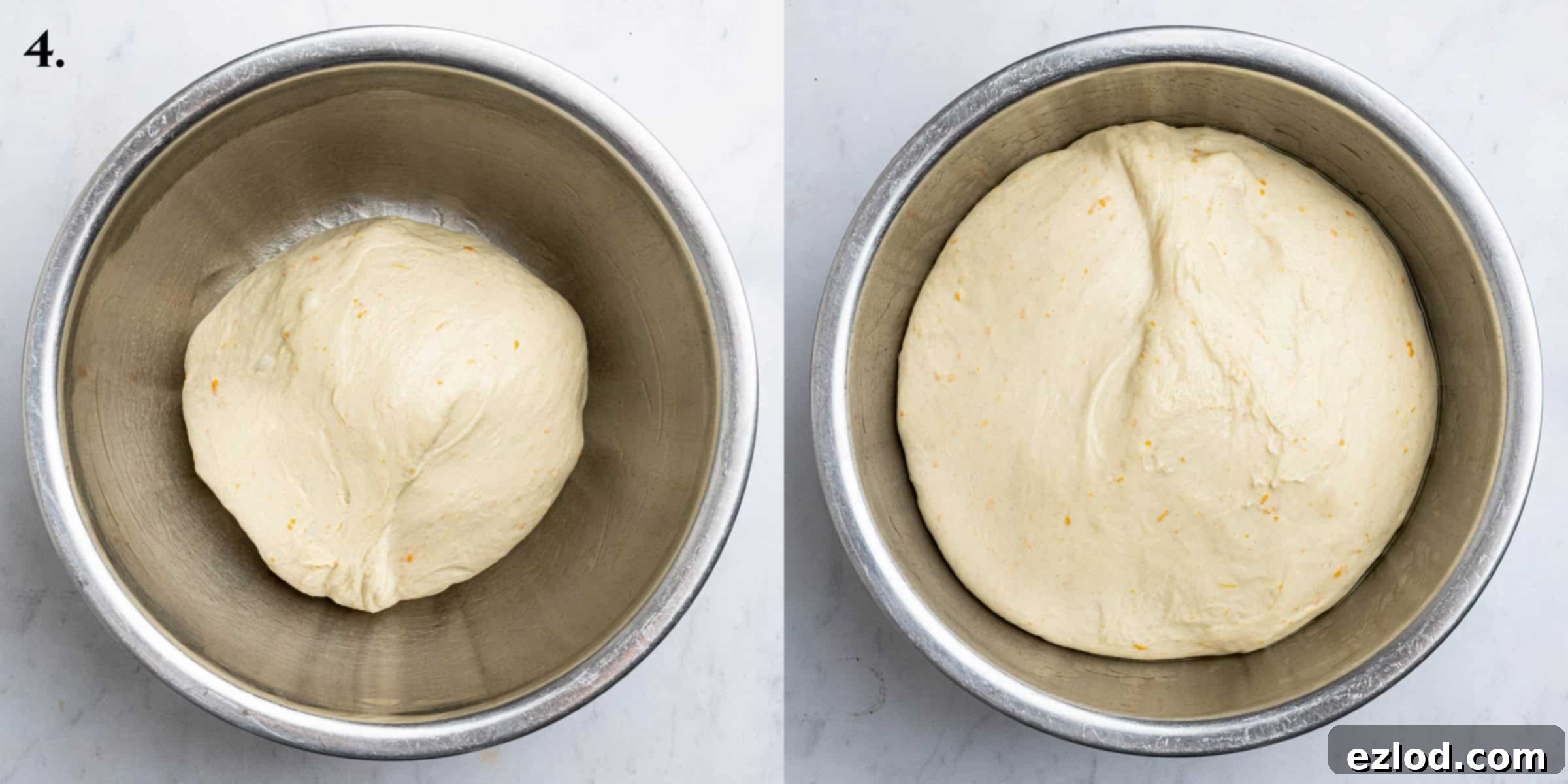 Step 4, a two image collage of the dough before and after rising.