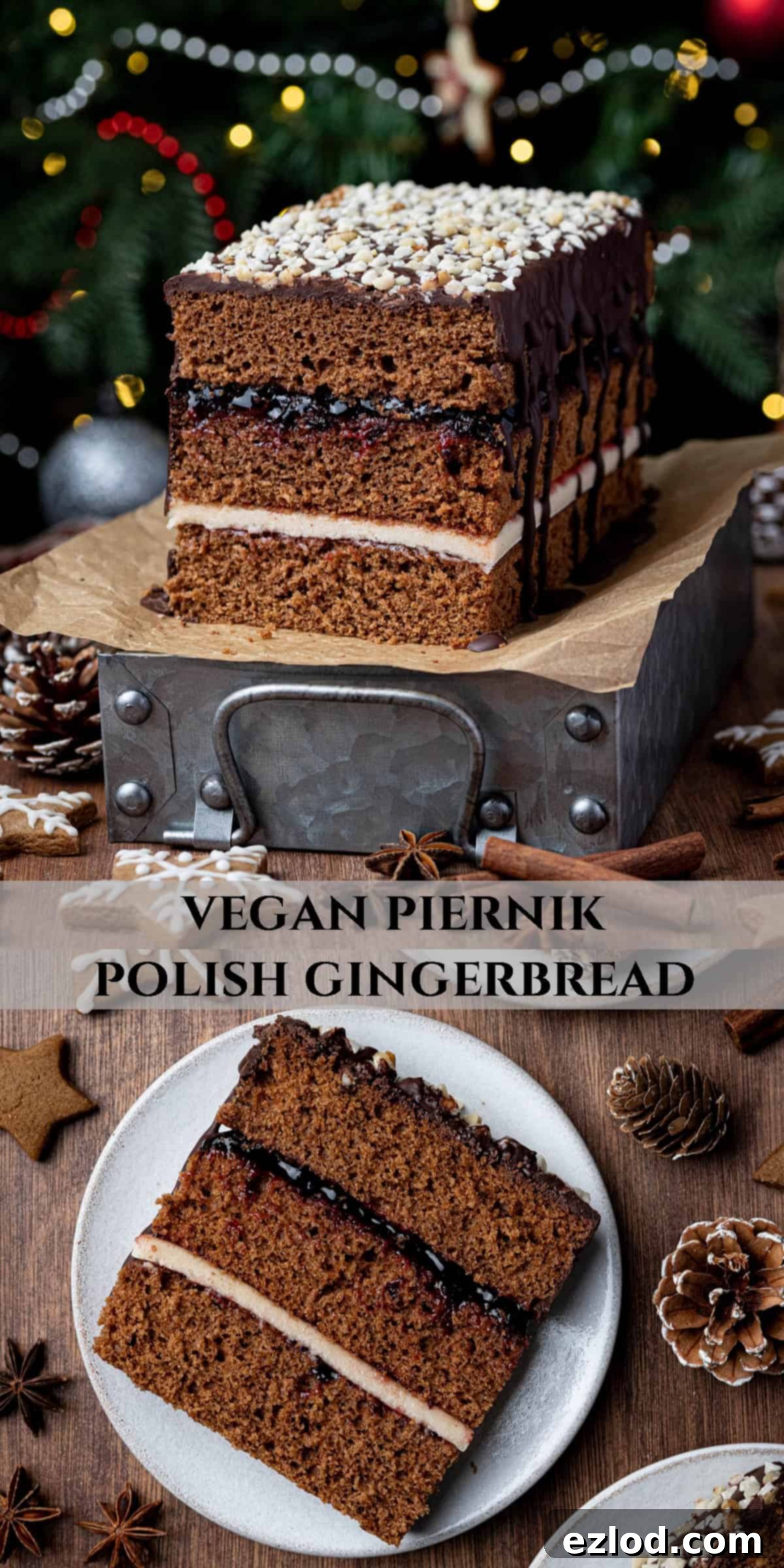 A visually appealing Pinterest collage image for Vegan Piernik, featuring multiple angles of the cake including slices and the full loaf, perfect for sharing.