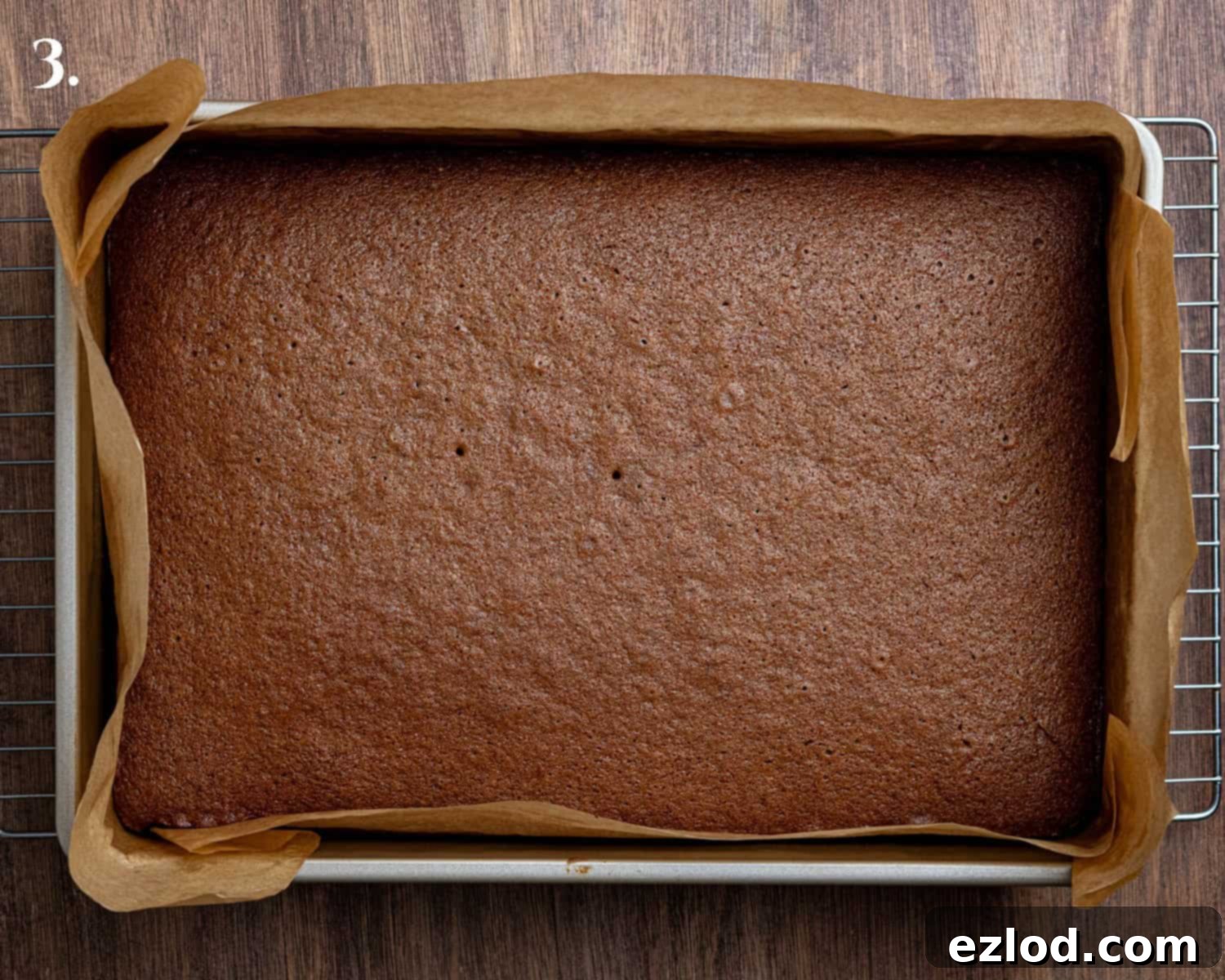 A freshly baked Vegan Piernik cake, golden brown and perfectly risen in its rectangular tin, just out of the oven.