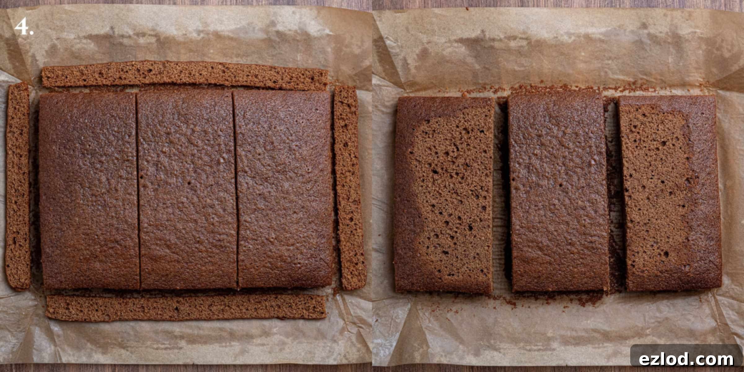 A two-image collage illustrating the process of trimming the edges and levelling the tops of the baked Vegan Piernik cake layers, ensuring a perfect foundation for stacking.