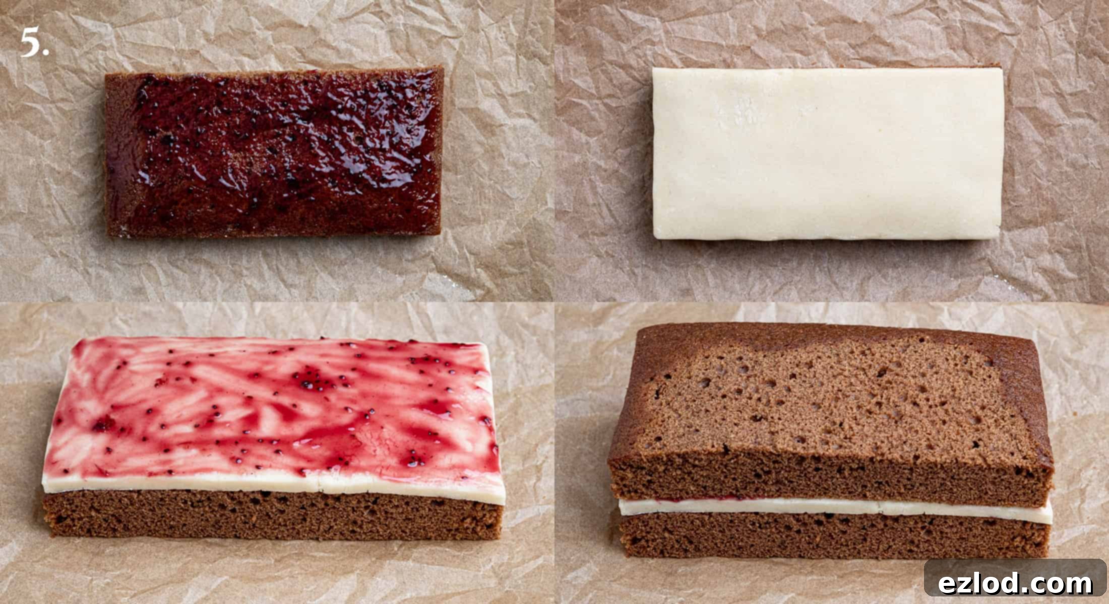 A four-image collage demonstrating the meticulous process of rolling out marzipan, applying thin layers of jam, and carefully placing marzipan between cake layers for Vegan Piernik.