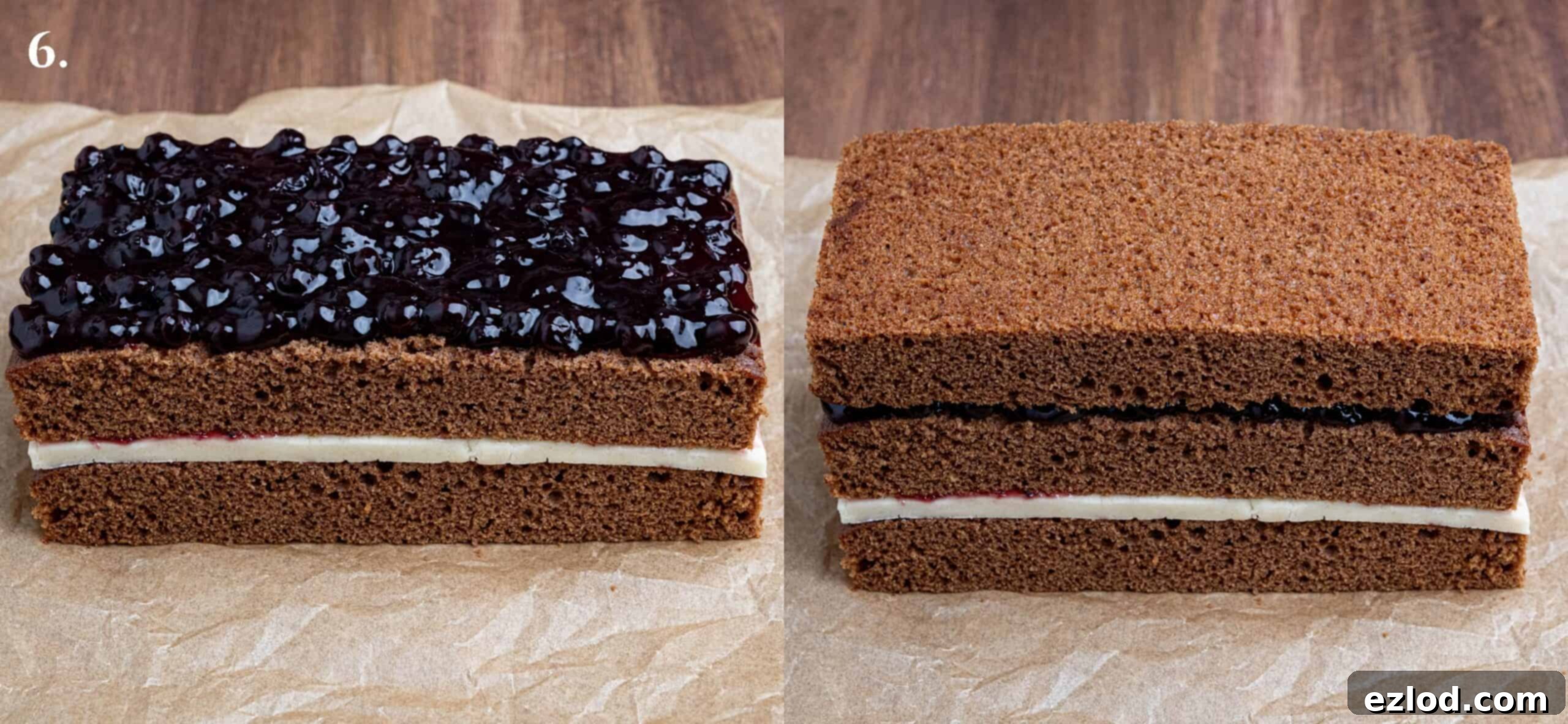 A two-image collage showing the application of a thick jam layer onto the second cake tier and the placement of the final cake layer to complete the Vegan Piernik assembly.