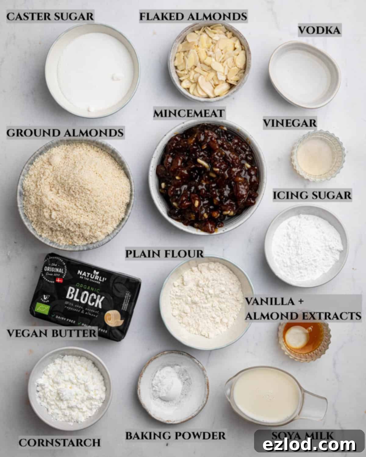 A labelled photo of the ingredients needed to make vegan frangipane mince pies.