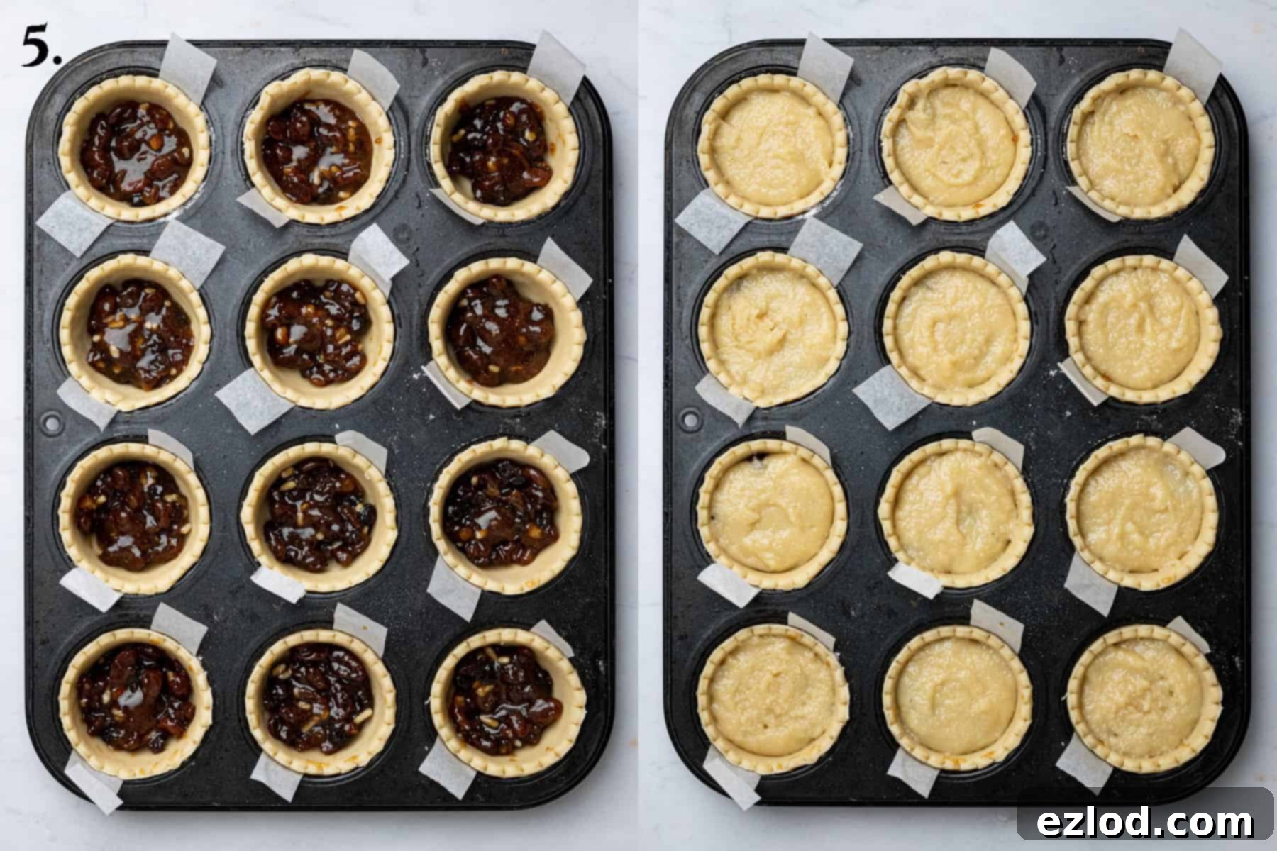 Step 5, a two image collage of filling the pastry cases.