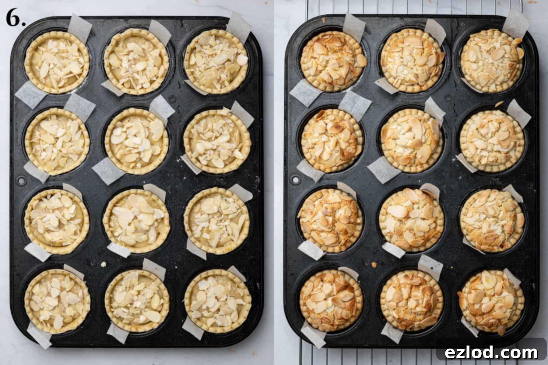 Step 6, a two image collage of the mince pies before and after baking.