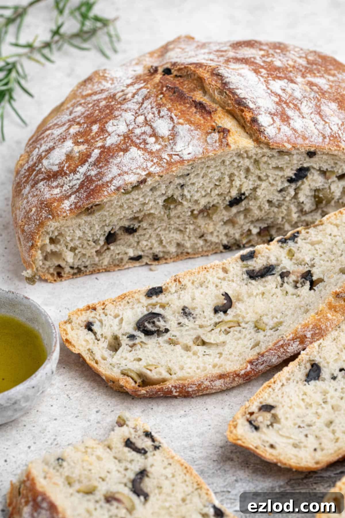A close-up of a single slice of no-knead olive bread, highlighting its beautiful airy crumb, golden crust, and the savory olives embedded within.