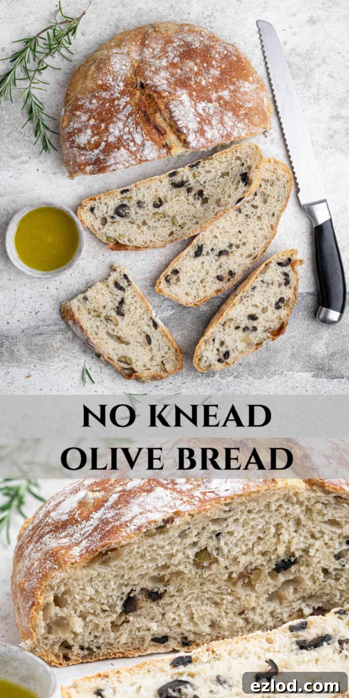 A Pinterest collage showcasing beautiful images of no-knead olive bread: a whole loaf, sliced bread, and the raw ingredients, all enticingly presented.