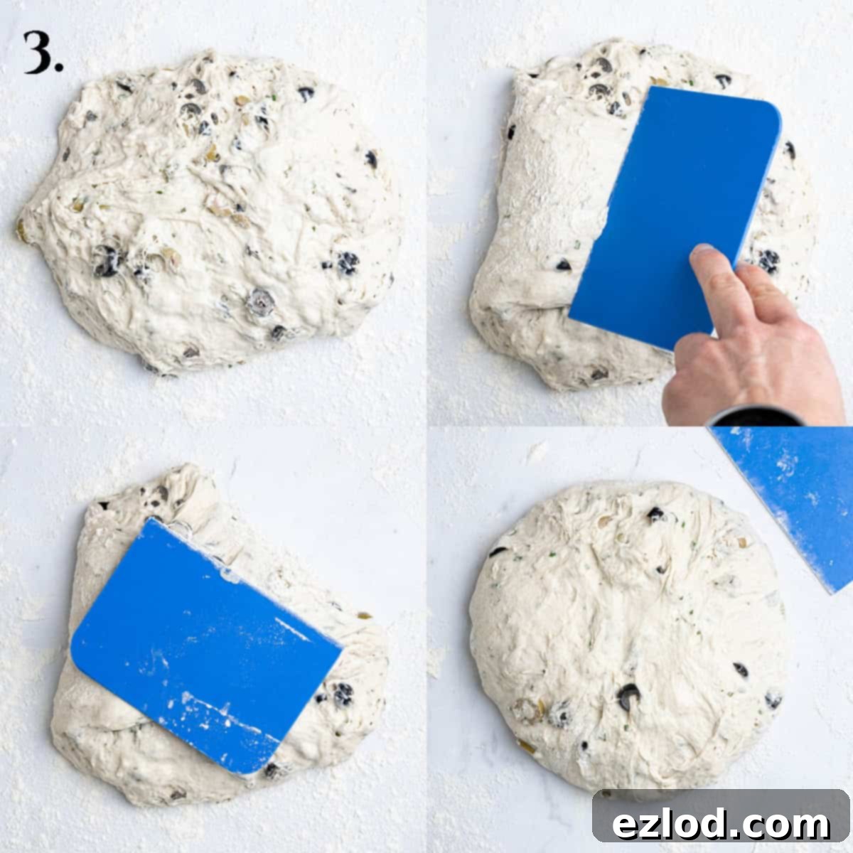 Step 3: A four-image collage demonstrating the gentle shaping process of the sticky no-knead dough on a floured surface using a dough scraper to fold the edges inwards and form a loose, round ball.