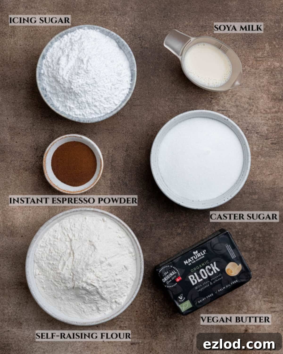 A clearly labelled photograph displaying all the essential ingredients required for making delicious vegan coffee kisses.