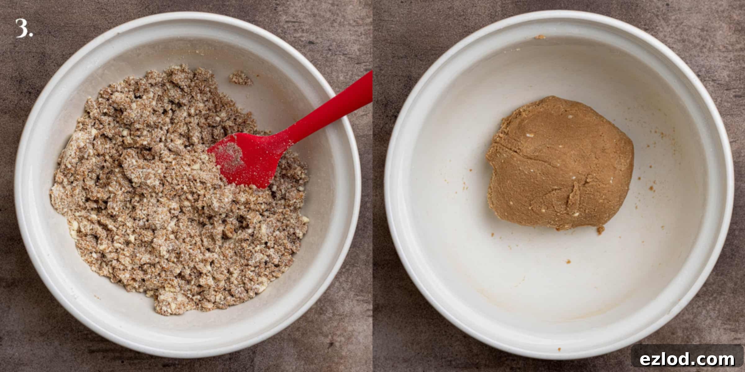 Step 3 shows a two-image collage illustrating the precise mixing process for the vegan coffee kisses dough, achieving perfect consistency.