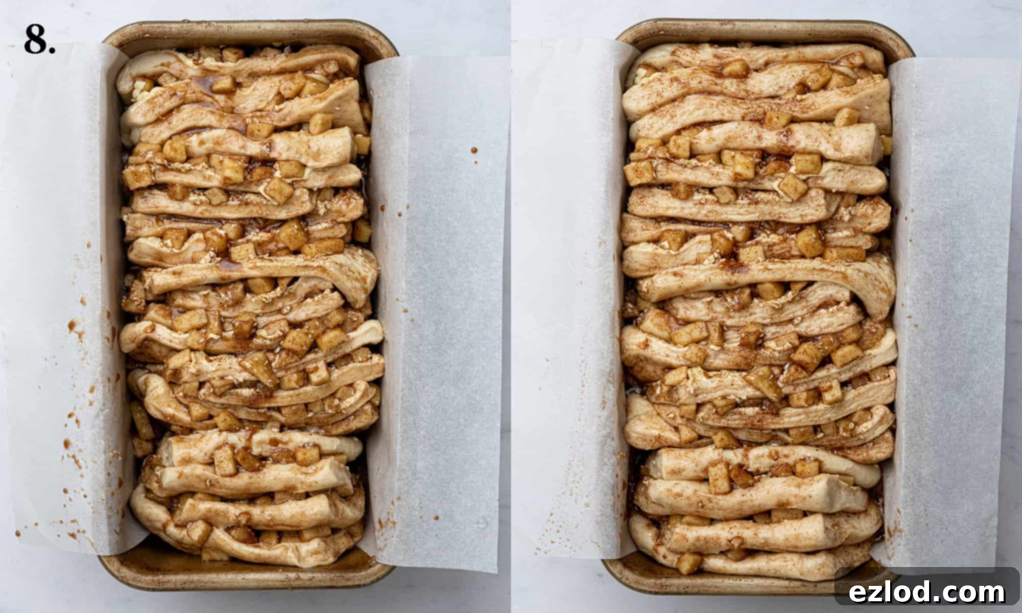 Step 8: A two-image collage showing the stacked dough piles placed upright in the loaf tin before rising, and then after they have risen and become puffy.