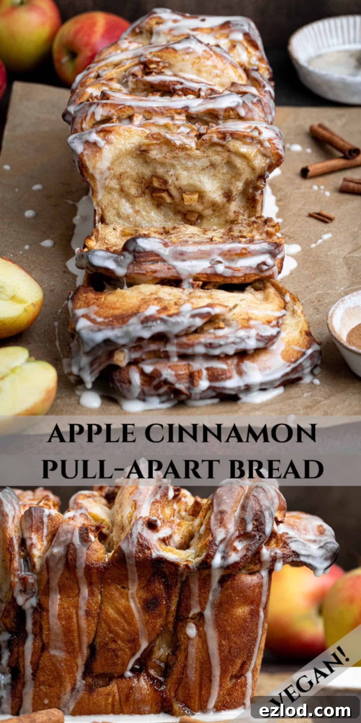 Pinterest collage image for Vegan Apple Cinnamon Pull-Apart Bread, featuring multiple enticing photos of the finished loaf and ingredients.