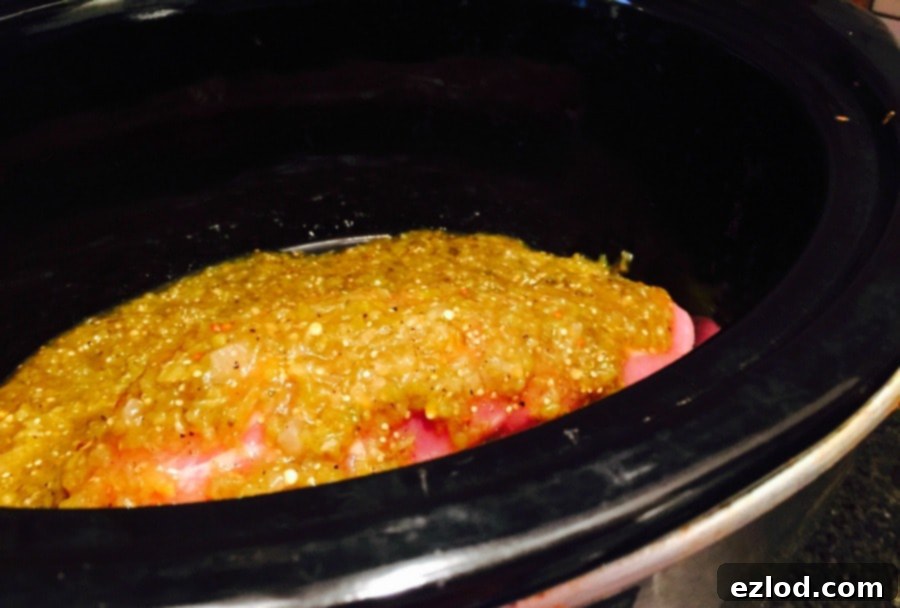 Step 2: Pour salsa verde over the pork tenderloin in the slow cooker.