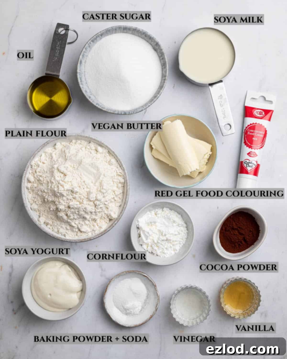 A labelled photo of the ingredients needed to make vegan red velvet cake.