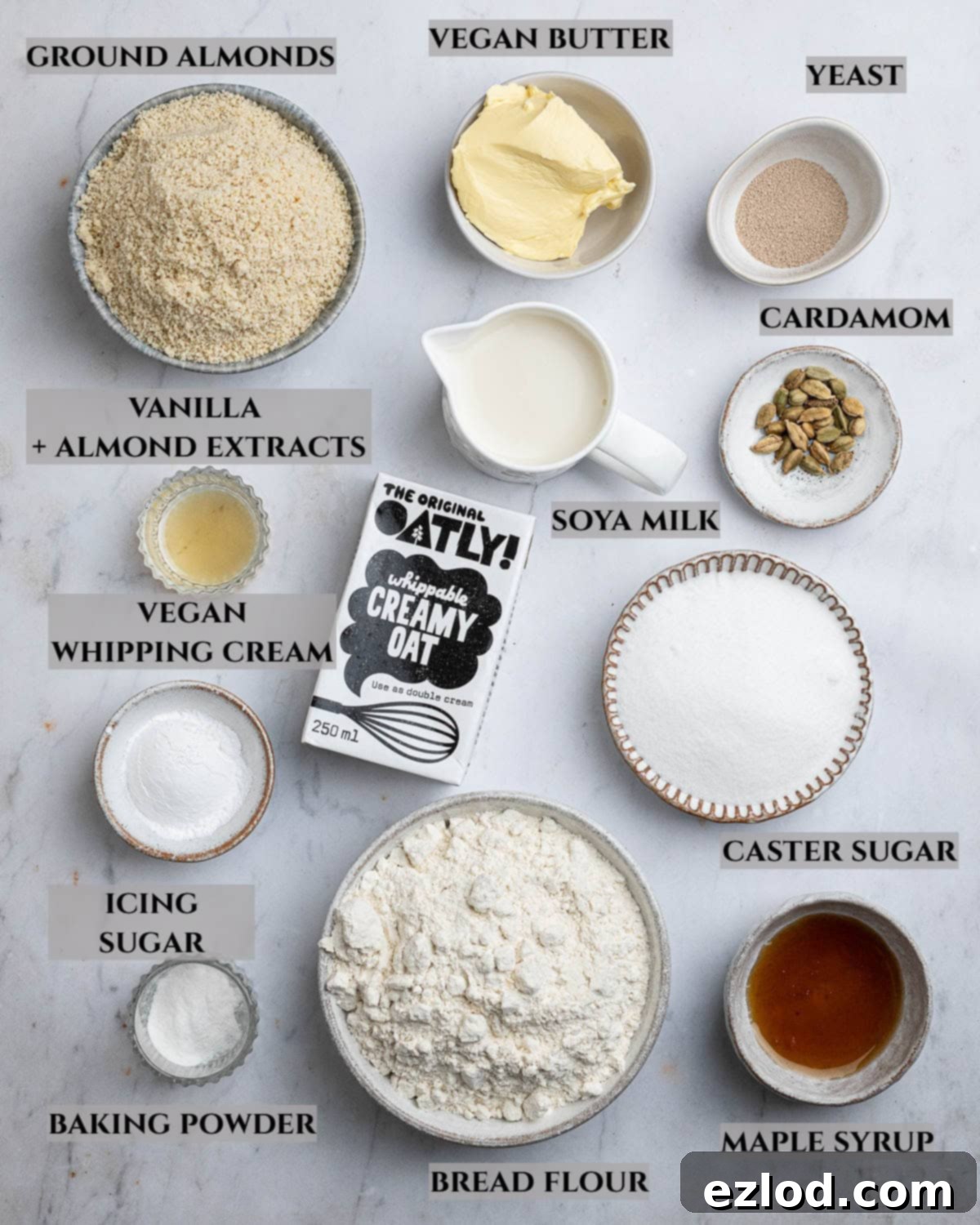 Homemade Vegan Semlor 3 A labelled photo of the ingredients needed to make vegan semlor.