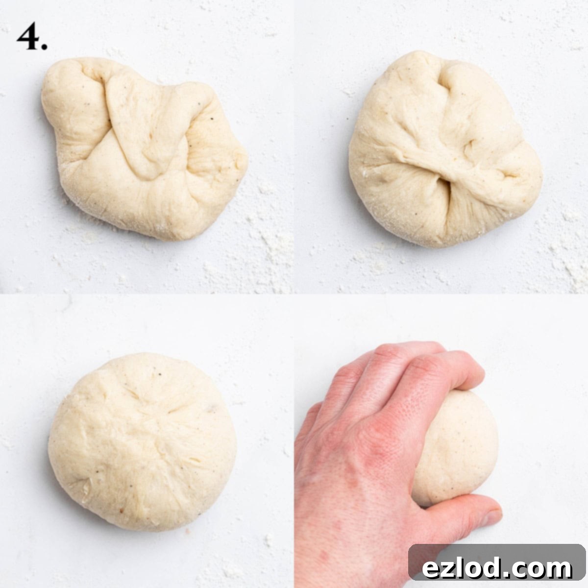 Homemade Vegan Semlor 8 Step 4, a four image collage of shaping the buns.