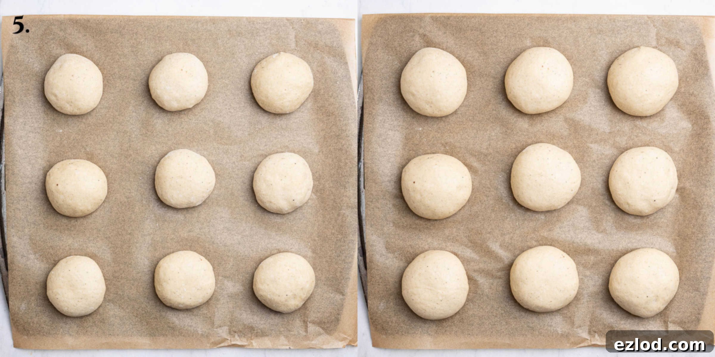 Homemade Vegan Semlor 9 Step 5, a two image collage of the buns before and after rising.