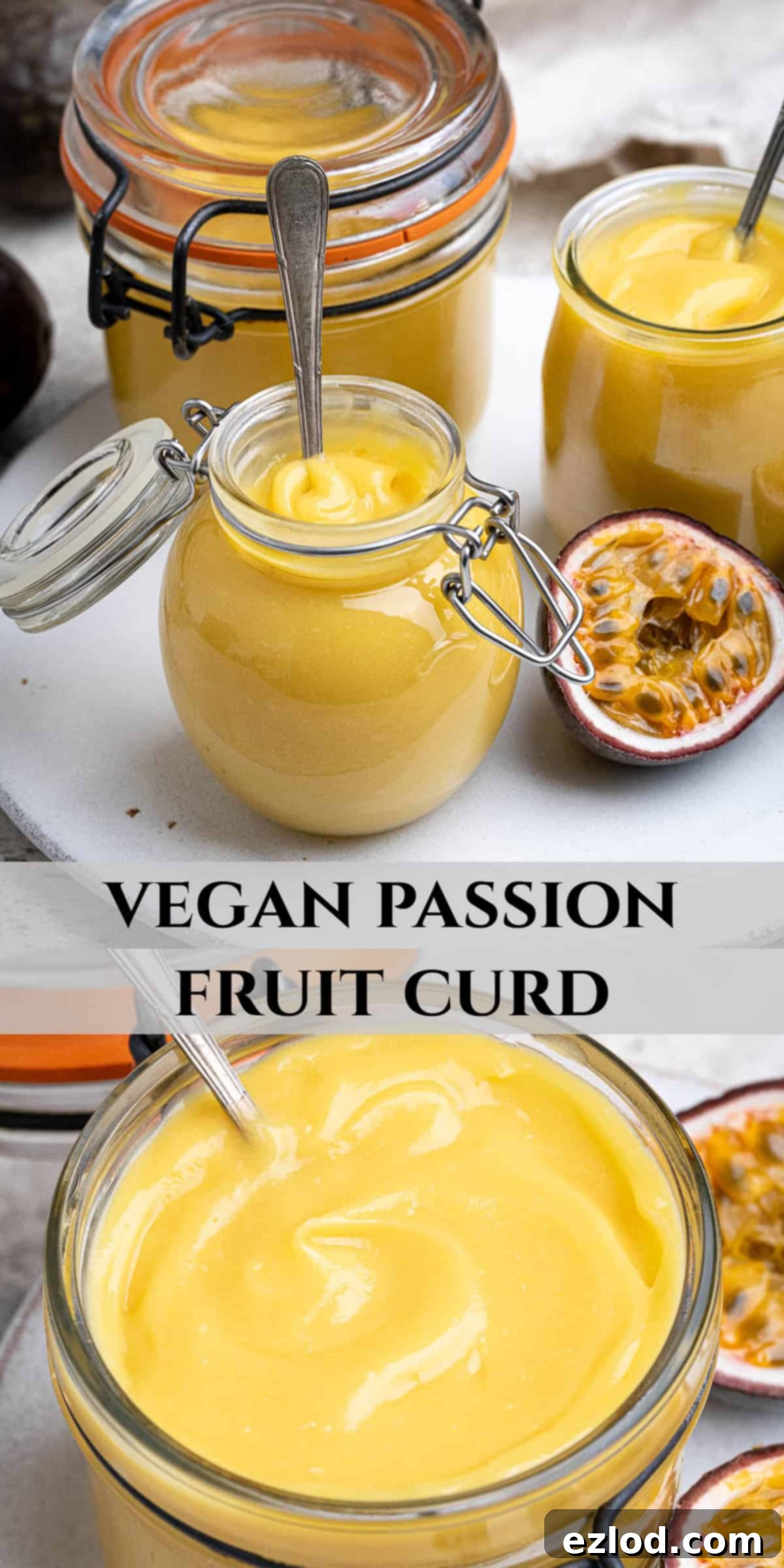 Pinterest collage image featuring multiple appealing pictures of vegan passion fruit curd.