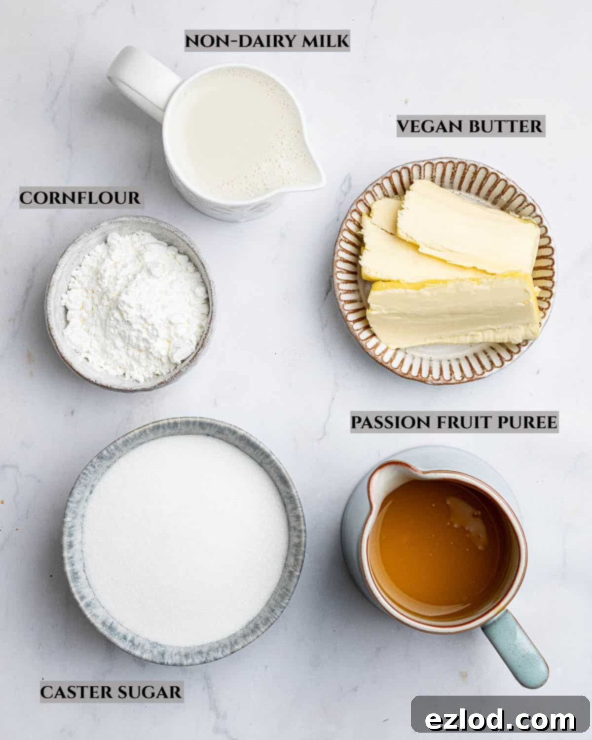 A labelled photo of the essential ingredients needed to create luscious vegan passion fruit curd.