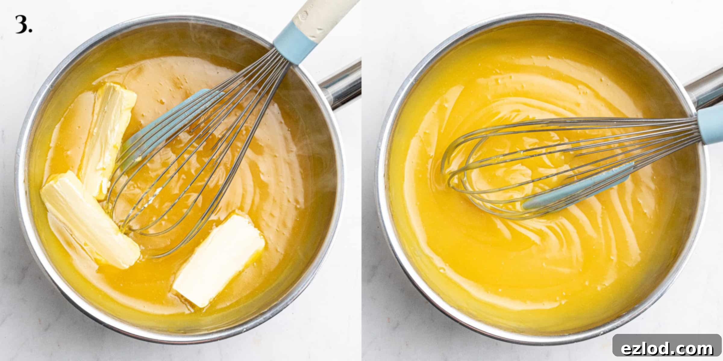 Step 3, a two-image collage illustrating the process of adding vegan butter to the hot curd and whisking until smooth.