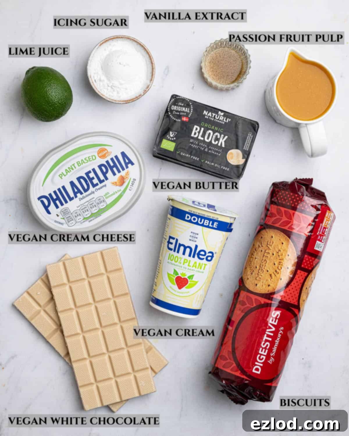 A clear, labelled photograph displaying all the ingredients required for making a vegan passion fruit cheesecake.