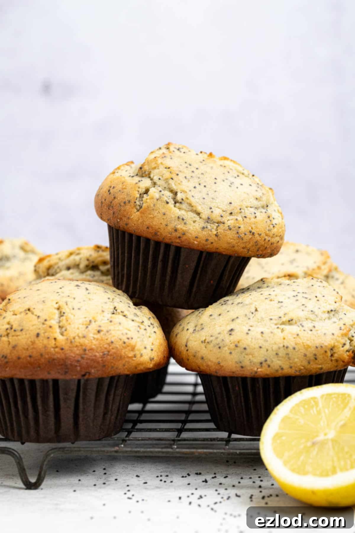 Vibrant Vegan Lemon Poppy Seed Muffins 11 A stack of golden-brown vegan lemon poppy seed muffins on a wire cooling rack, accompanied by vibrant fresh lemon slices.