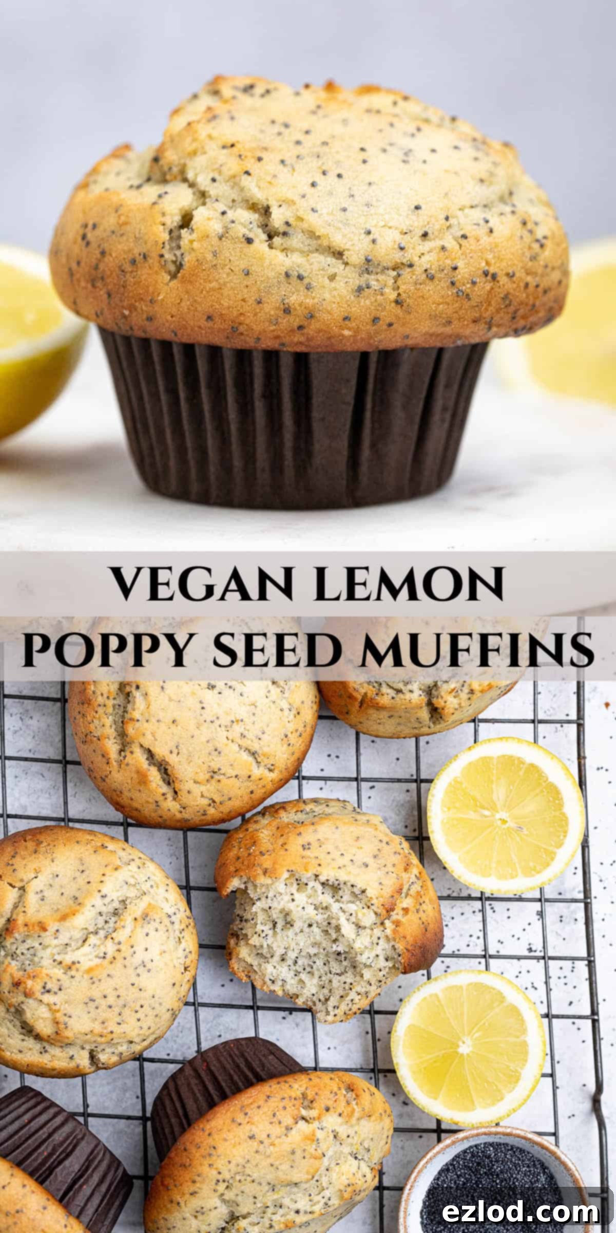 Vibrant Vegan Lemon Poppy Seed Muffins 12 A vibrant Pinterest collage image featuring multiple appealing views of the Vegan Lemon Poppy Seed Muffins, highlighting their fluffy texture and zesty appeal.