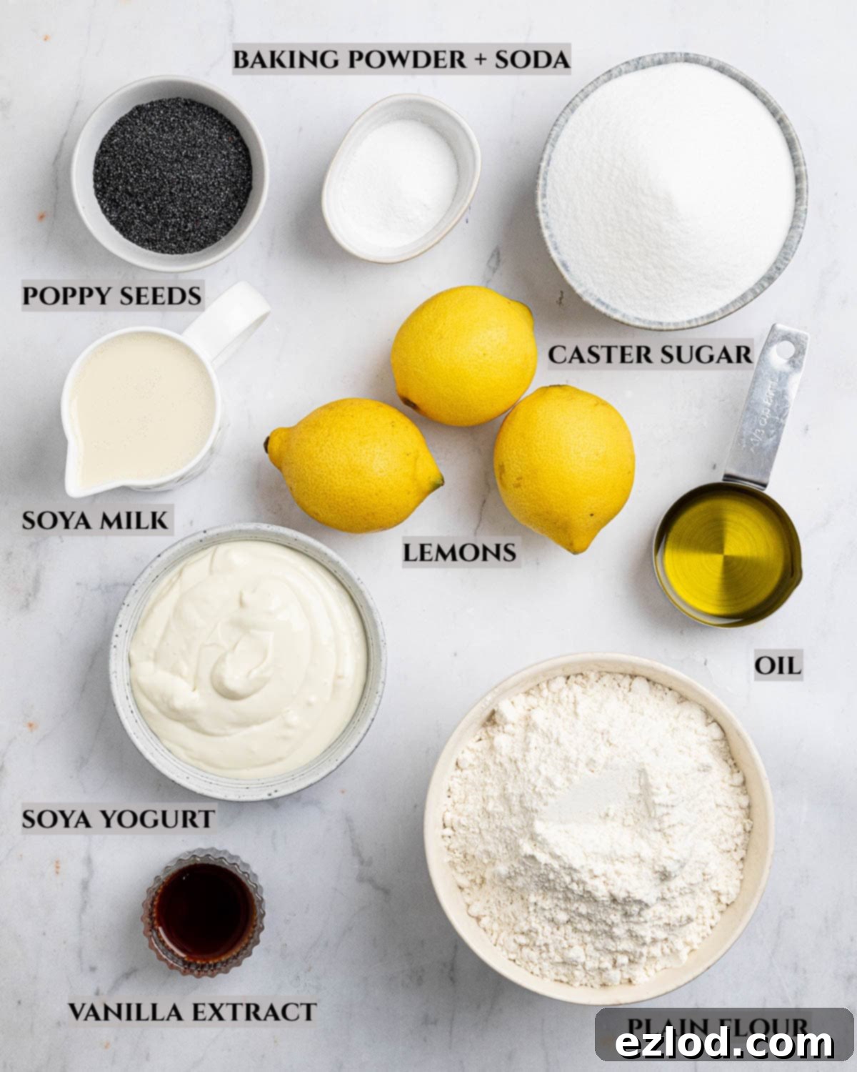 Zesty Vegan Lemon Poppy Seed Muffins 3 A flat lay photograph showcasing all the fresh and dry ingredients needed to make vegan lemon poppy seed muffins, neatly arranged with labels.