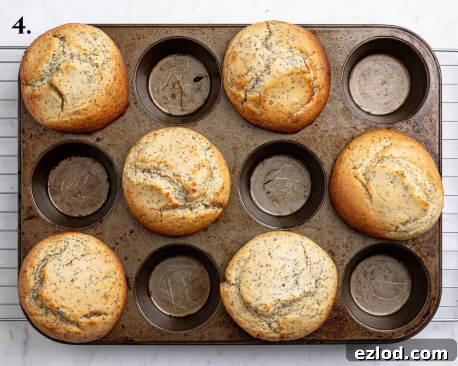 Step 4: Freshly baked muffins in the tin, showcasing their golden-brown color and perfectly formed tall domes, just out of the oven.
