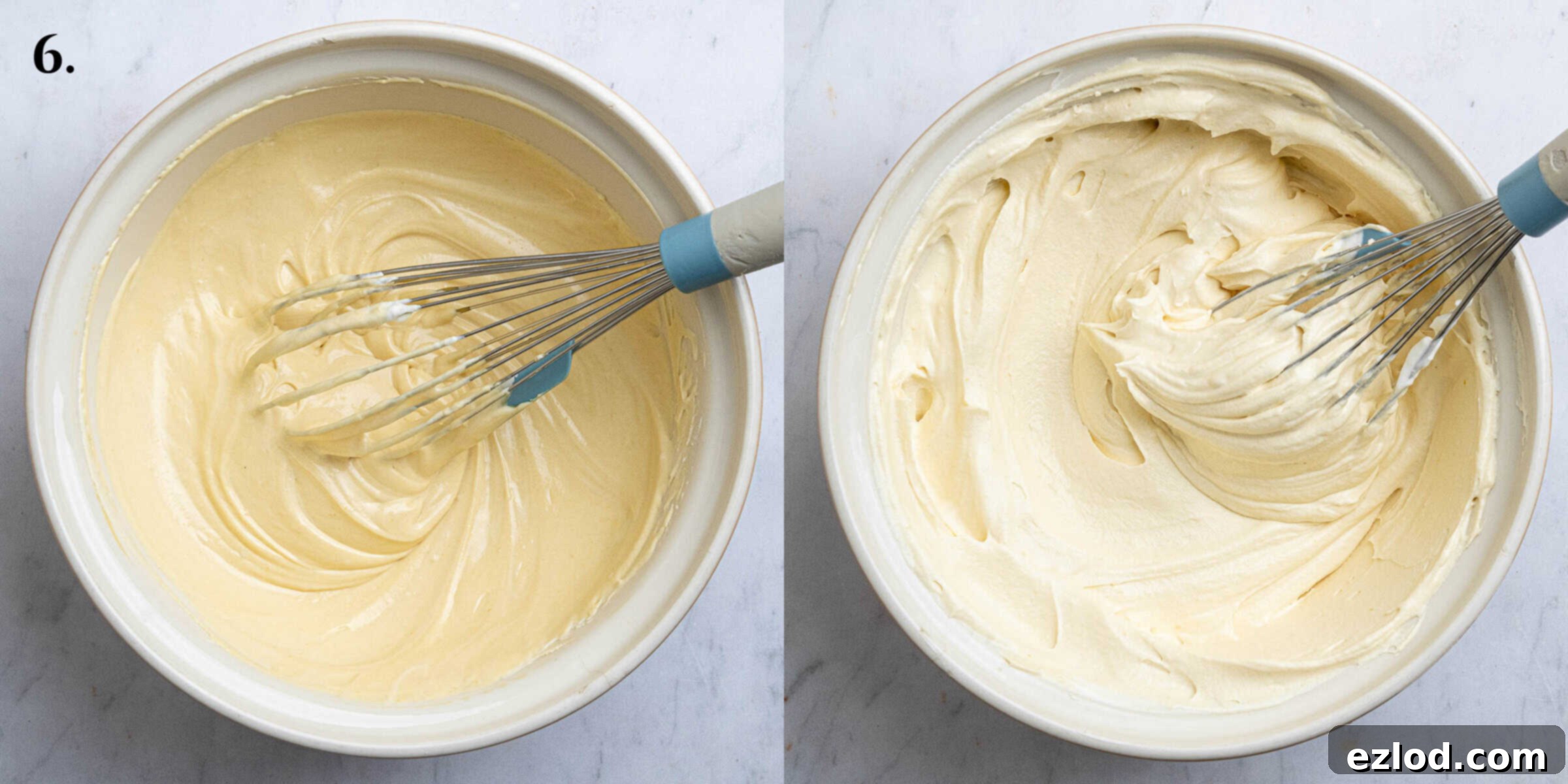 Step 6, a two image collage of mixing the cream into the passion fruit mixture.