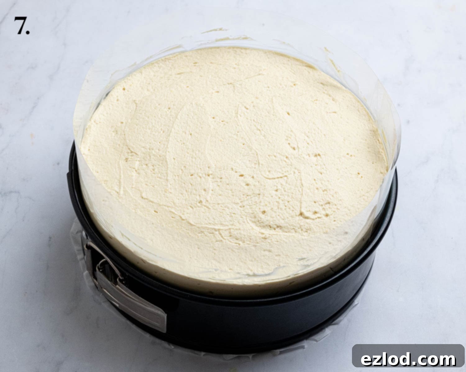Step 7, the assembled mousse cake in the tin.