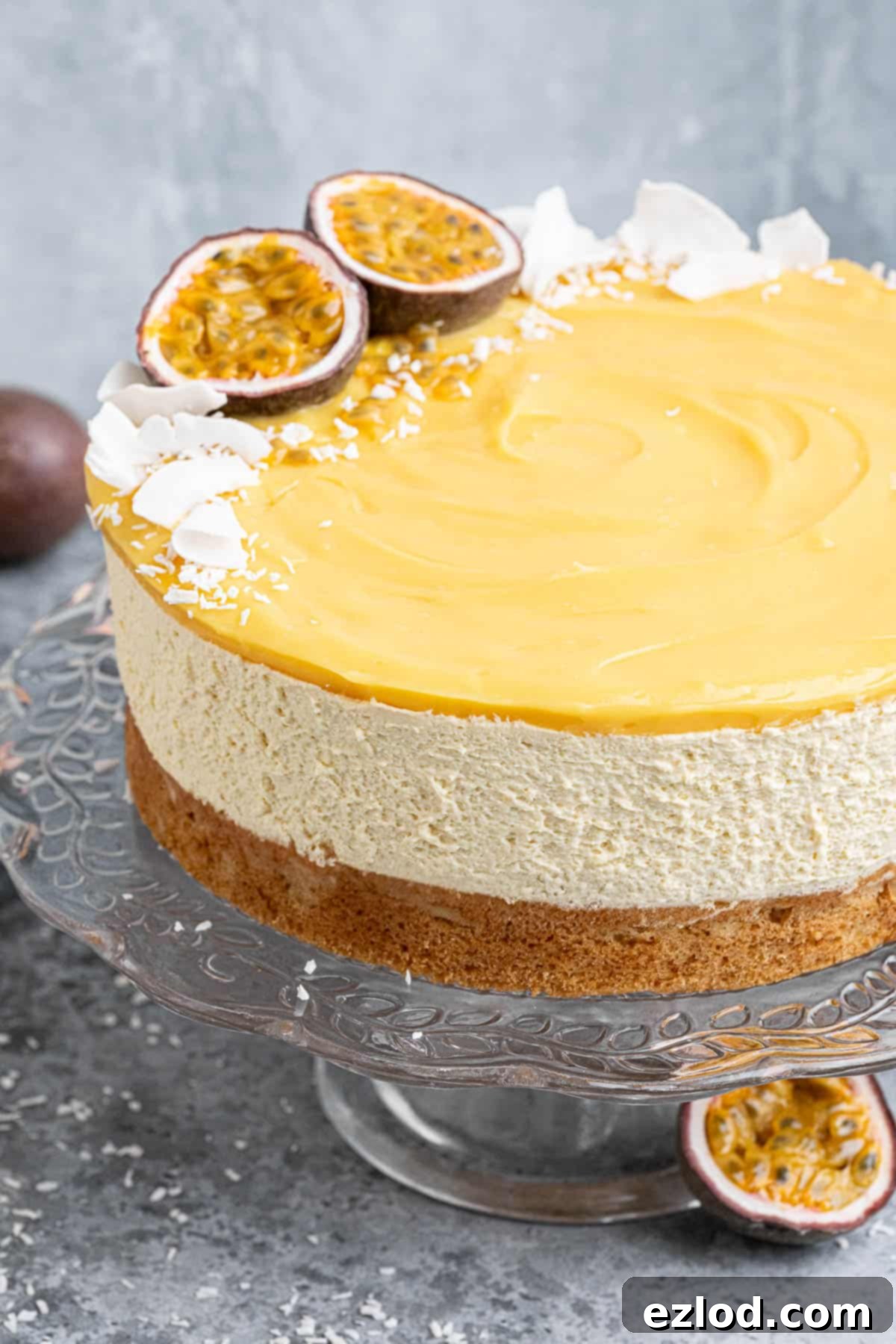 Close up of the top of the vegan passion fruit mousse cake.