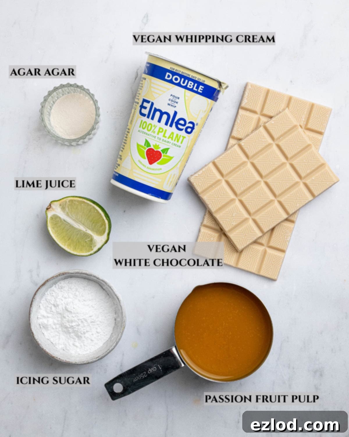 A labelled photo of the ingredients needed to make vegan passion fruit mousse.